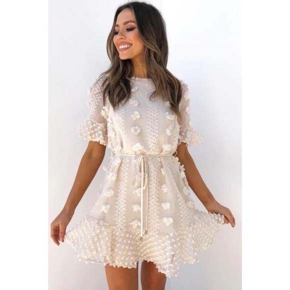 Selfie Leslie Pom Pom Swiss Dot mini dress Beige Cream Nude flutter sleeve Large - Picture 3 of 9